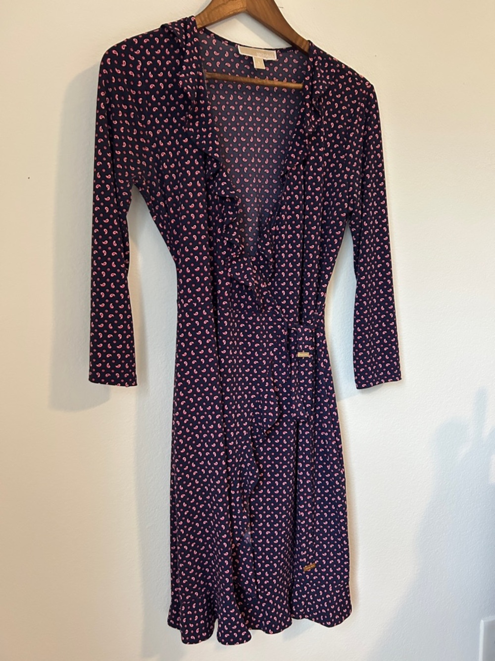 Michael Kors Wrap Dress Navy Pink Print Long Sleeve Ruffle Hem Size S